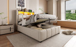Children's Upholstered Bed 90x200cm LED USB Hydraulic Storage Headboard Shelves - Linen Beige