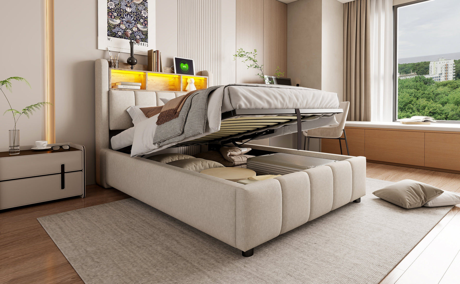 Children's Upholstered Bed 90x200cm LED USB Hydraulic Storage Headboard Shelves - Linen Beige