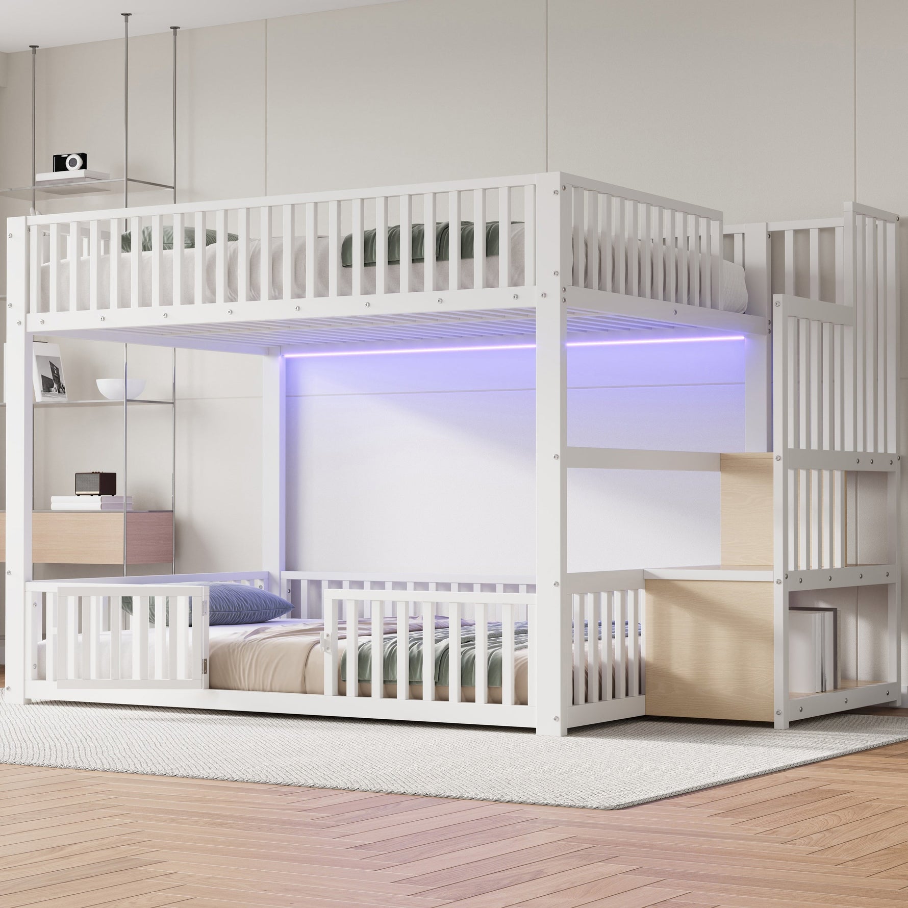 Bunk Bed with Storage Ladder and LED, 140x200cm, White