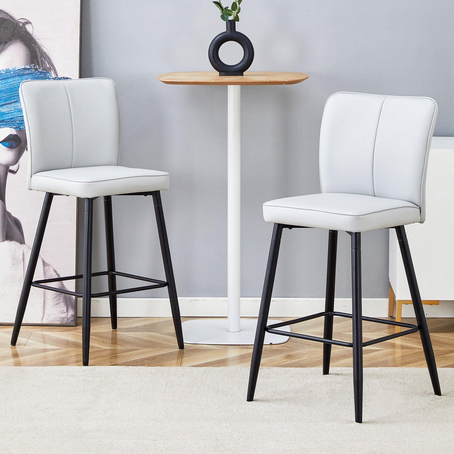 Bar Chair Set 2-Piece 101cm High Ergonomic Backrest - Light Grey PU
