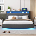 Upholstered Bed with USB Port, LED Lights, Storage Headboard (160x200cm) - Gray Linen
