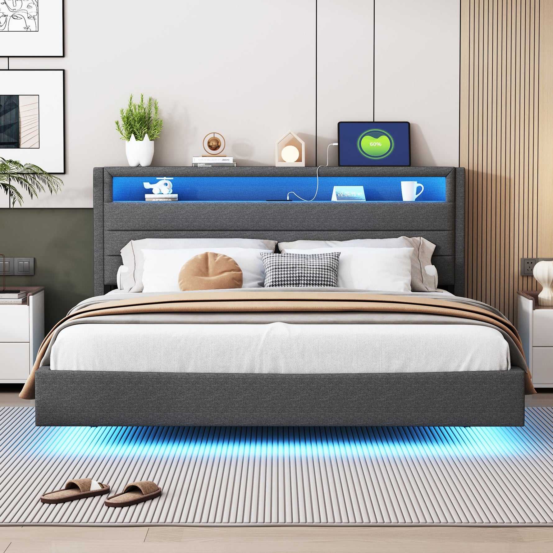 Upholstered Bed with USB Port, LED Lights, Storage Headboard (160x200cm) - Gray Linen