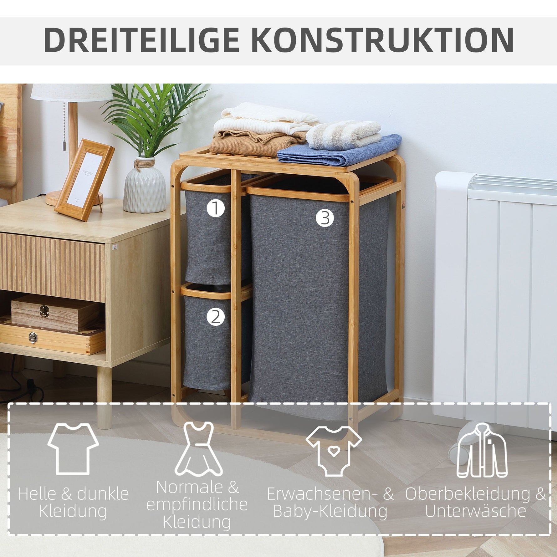 Laundry Basket, Platform Laundry Collector with 3 Removable Bags, Grey+Natural Bamboo