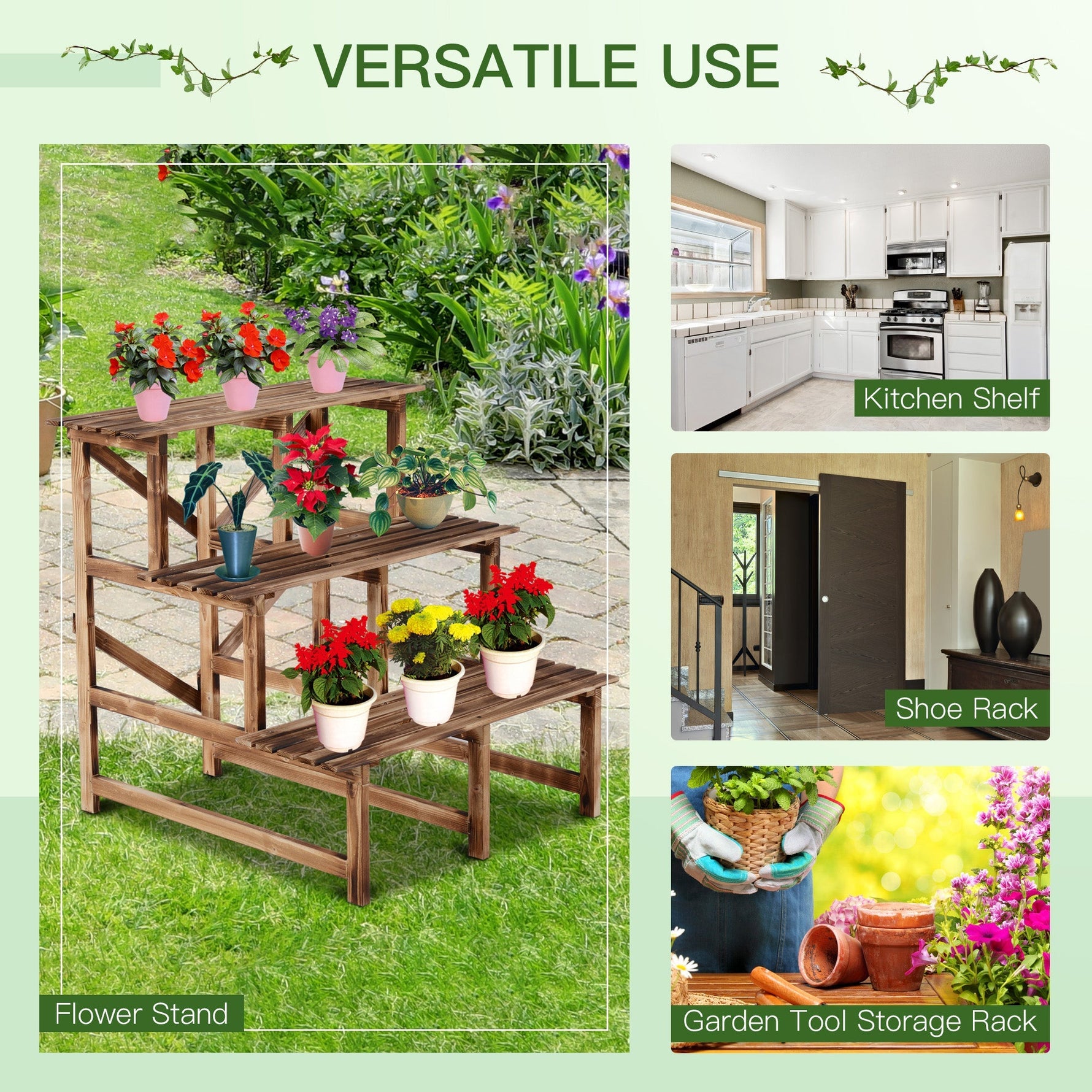 Plant Ladder Flower Shelf, 3 Steps, 80 x 80 x 78cm, Fir Wood