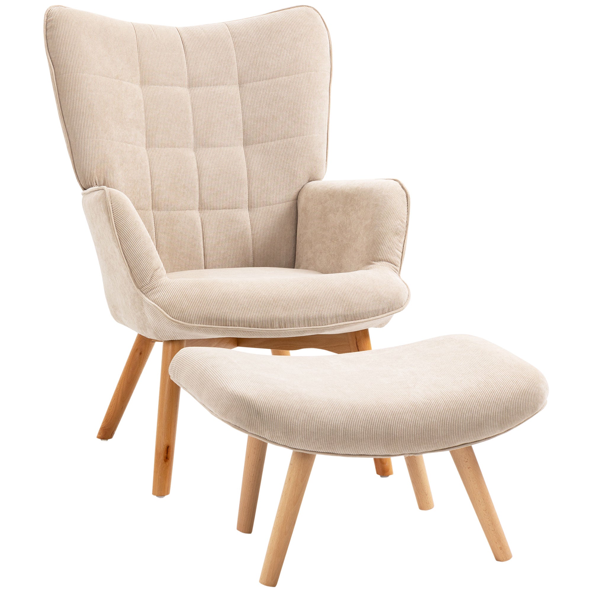 Wingback Chair with Footstool, Upholstered Corduroy, Beige