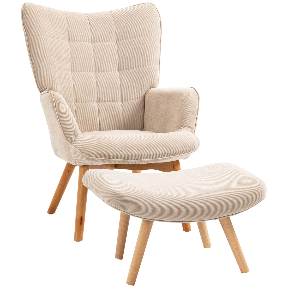 Wingback Chair with Footstool, Upholstered Corduroy, Beige