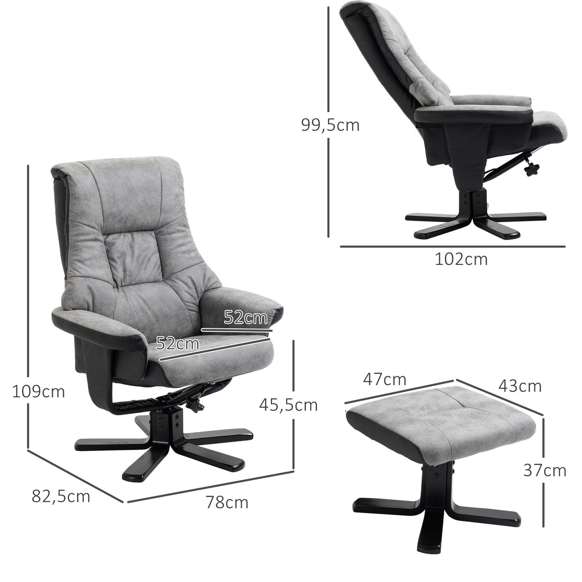 Recliner with Footstool Swivel TV Chair Reclining Function Microfiber Gray