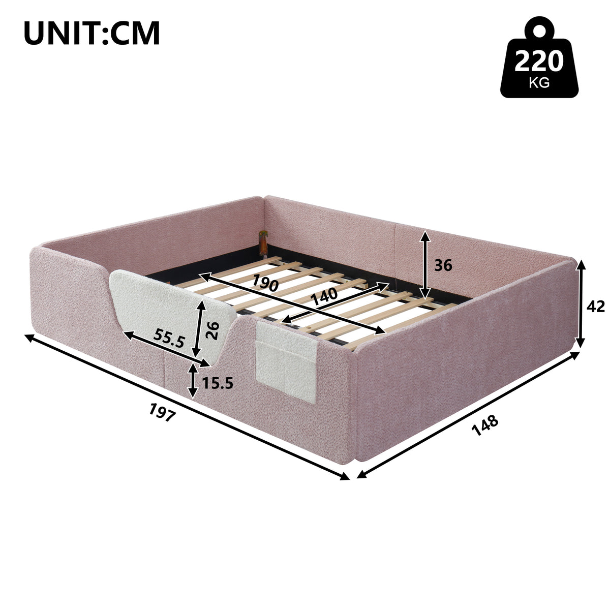 Upholstered Bed 140x190cm with Safety Rails, Pink Velvet