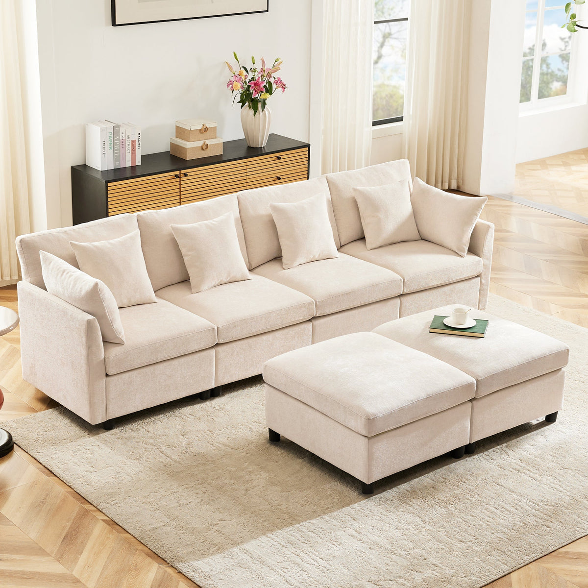 Modern Chenille Sofa Modular Detachable Footstool L-Shaped U-Shaped, Chenille