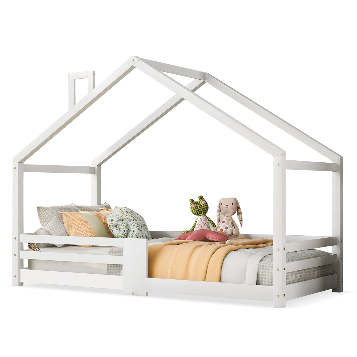 Children's Bed House Bed with Chimney, Fall Protection, Slatted Frames, Pinewood, White