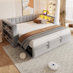 Upholstered Bed, Multifunctional Sofa Bed 90/180×190 cm, LED, Storage, Light Grey