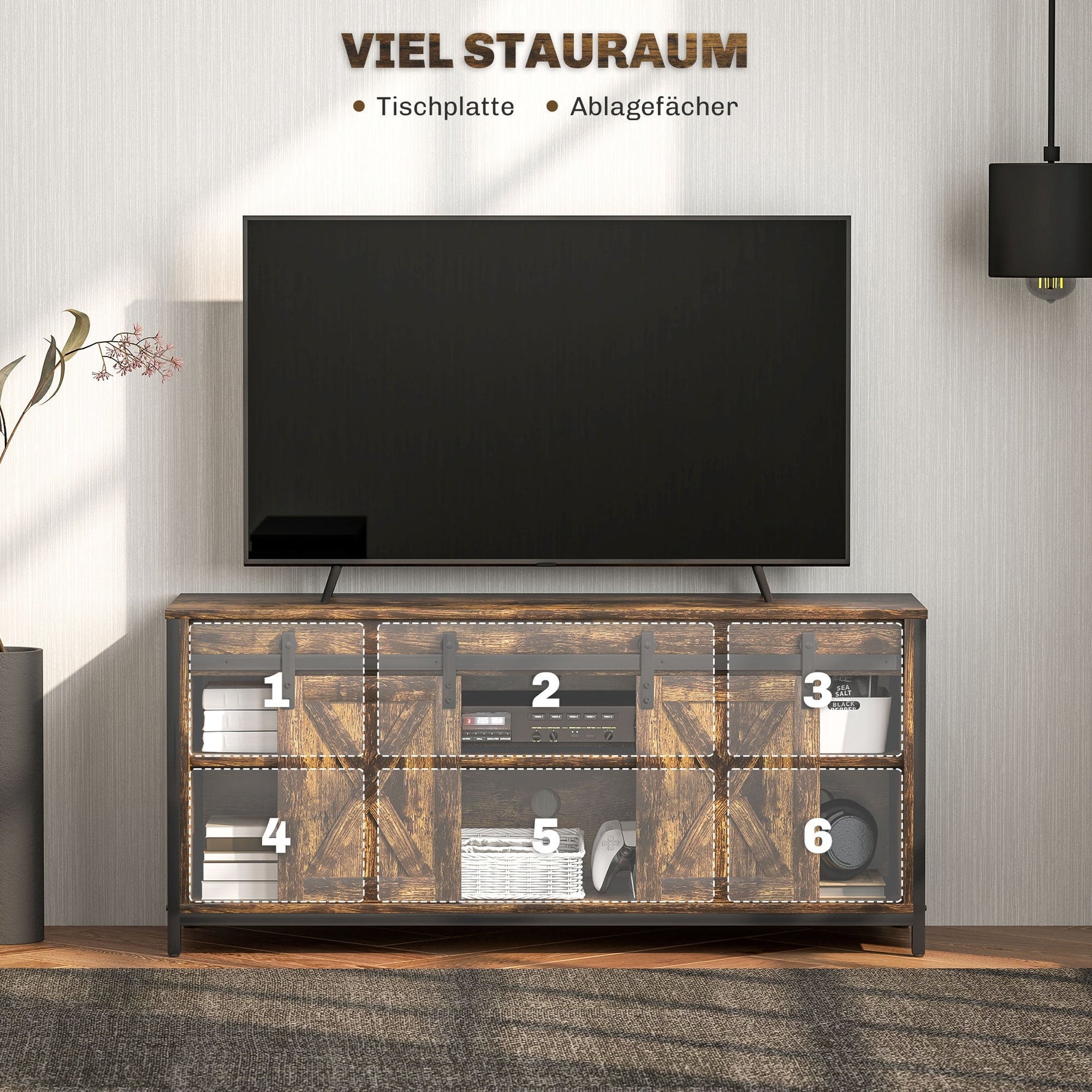 TV Cabinet, Stand for TVs up to 60 inches, 2 Cabinets 2 Shelves, Brown