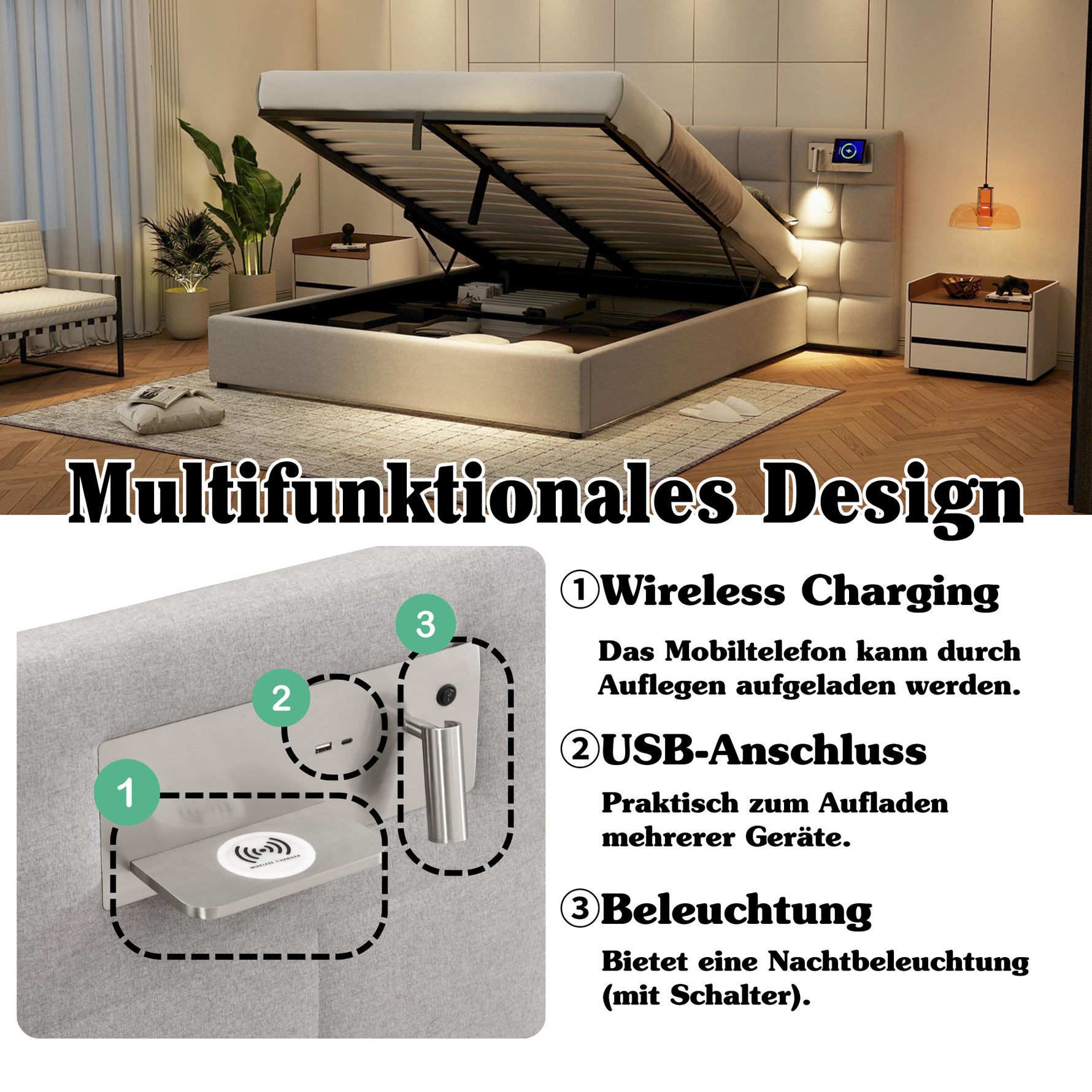Upholstered Bed 180x200cm Hydraulic Storage USB Wireless Charging Lamp - Linen Grey