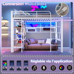 Loft Bed with Storage Compartment, LED Light Strip and Clothes Rail, White Iron Frame