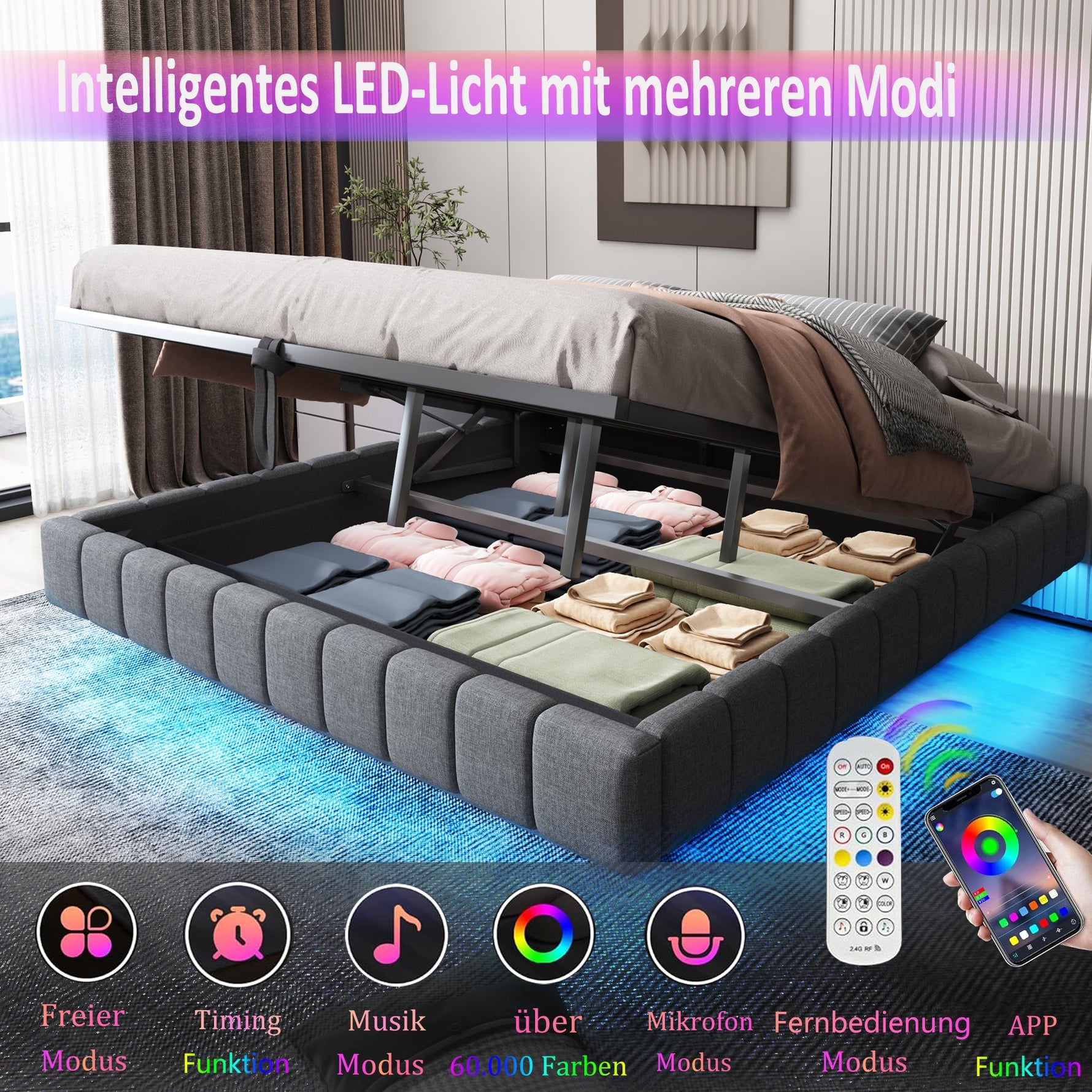 Upholstered Bed 140x200cm Floating Frame Storage LED Light Linen Grey