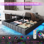 Upholstered Bed 140x200cm, Hydraulic Floating Frame Storage LED Light, Linen Grey