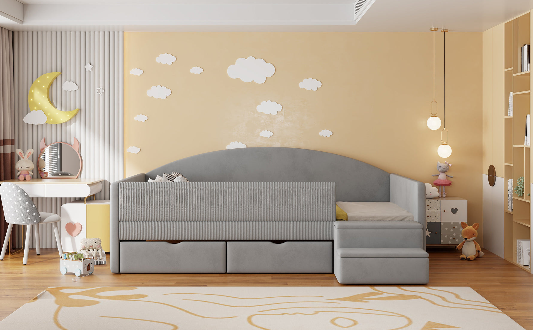 Multifunctional Upholstered Sofa Bed with Two Drawers, Railings and Steps, 90x190cm, Light Grey Velvet