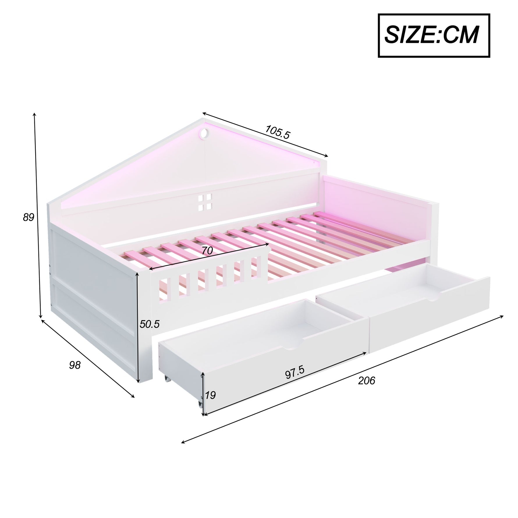 Children's Bed 90x200 cm with LED Light Strip and Storage Drawers, White