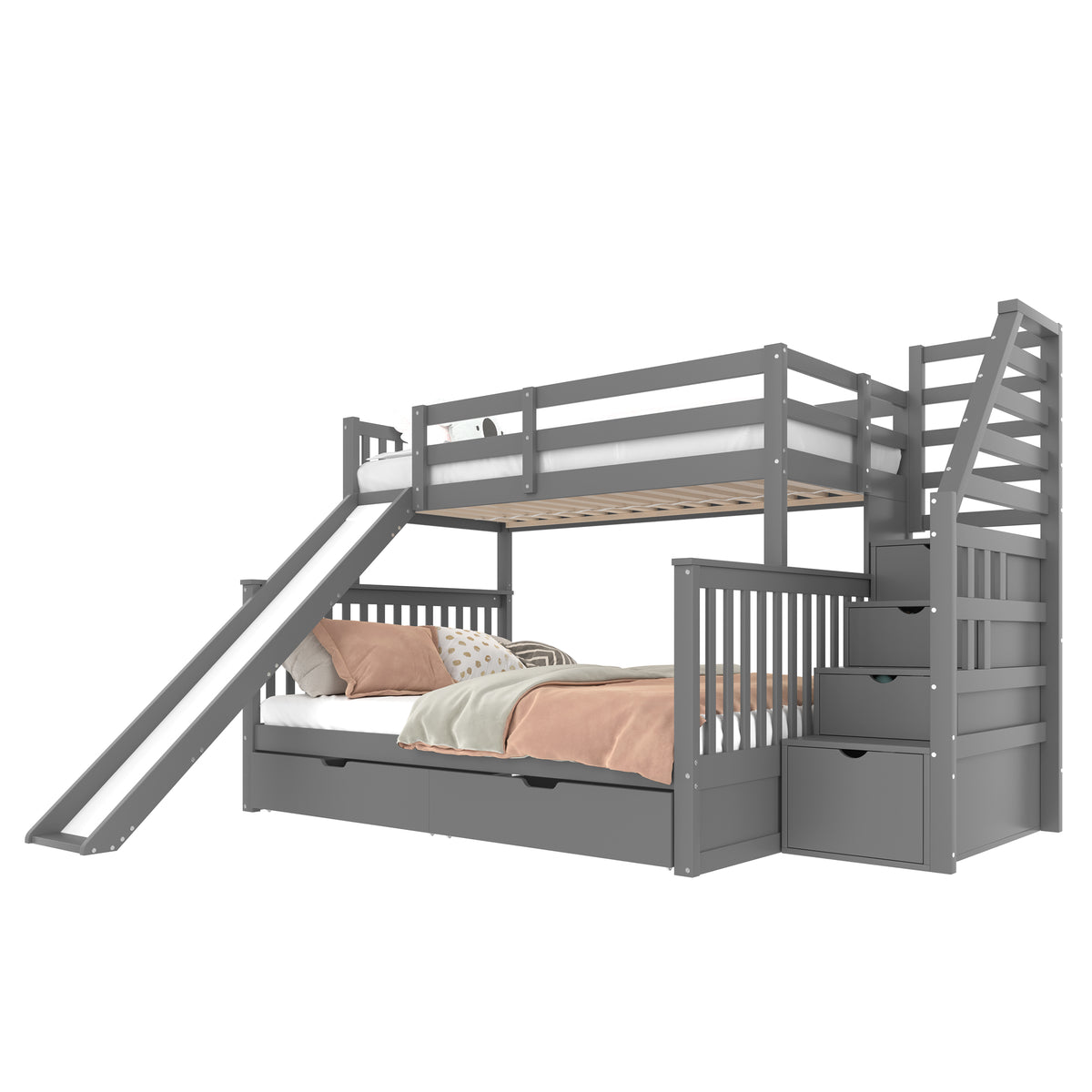 Bunk Bed with Drawers & Slide, 90x200/140x200, Grey
