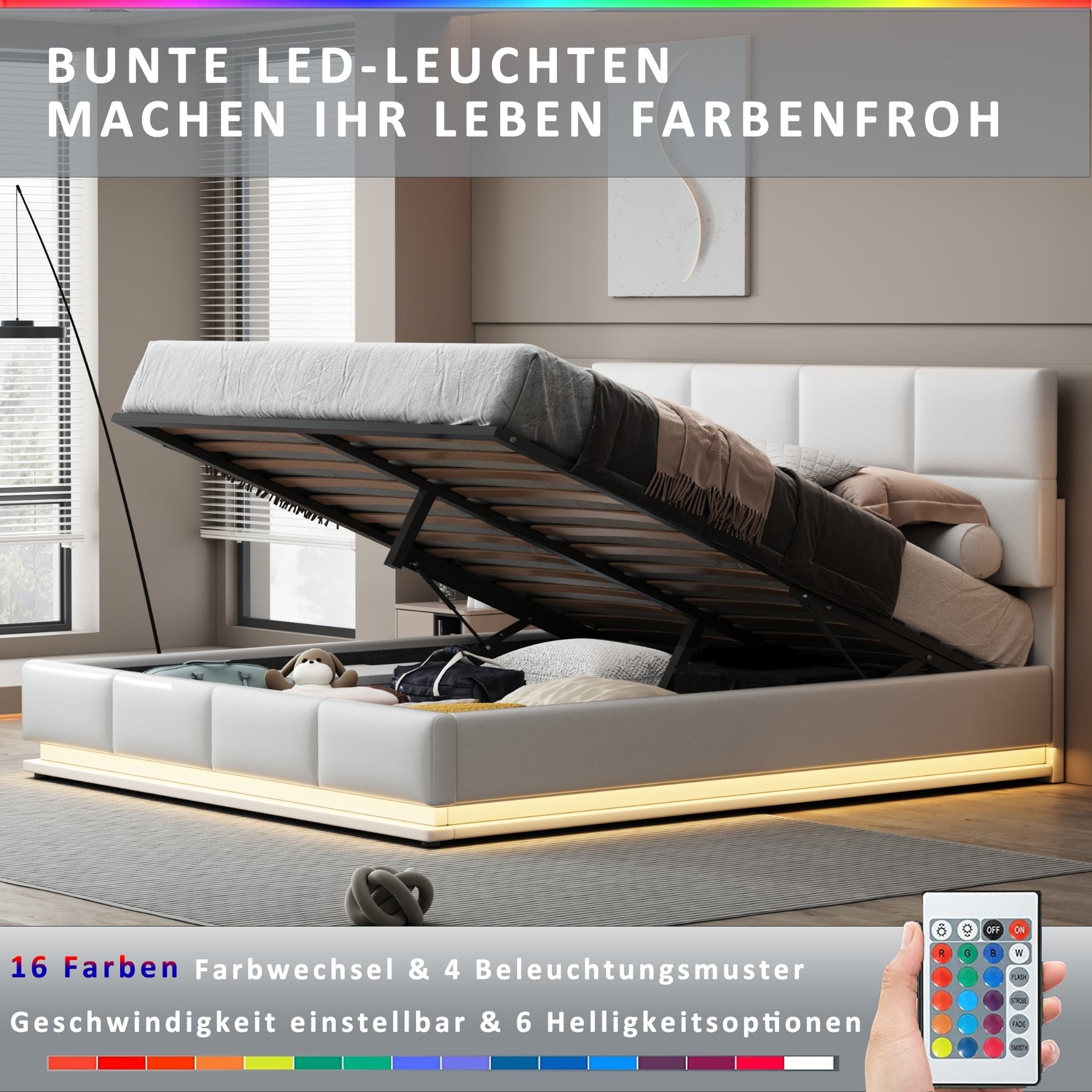 Upholstered Bed 180x200cm Hydraulic Storage LED Faux Leather - White