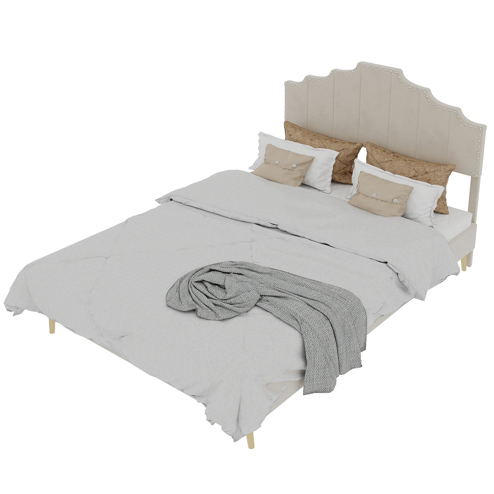 Modern Soft Bed 160x200cm Comfortable Headboard - Beige