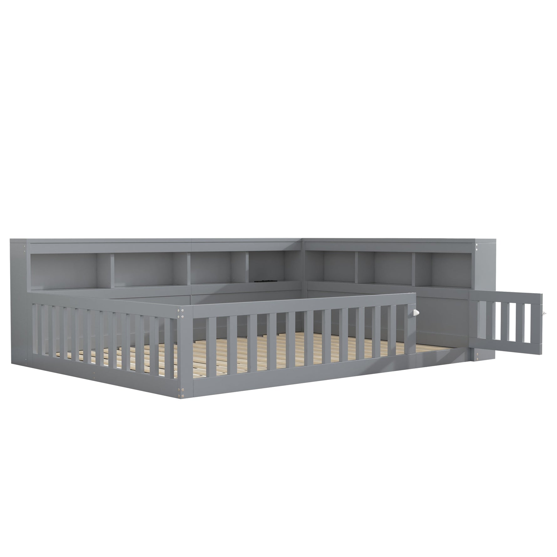 Daybed with Storage and USB Ports, 140x190cm Sofa Bed with Slatted Base and Railing, Grey Chipboard