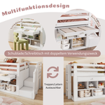 Multifunctional Children's Bed with Stairs, Storage and Convertible Desk, 90x200cm, White Wood