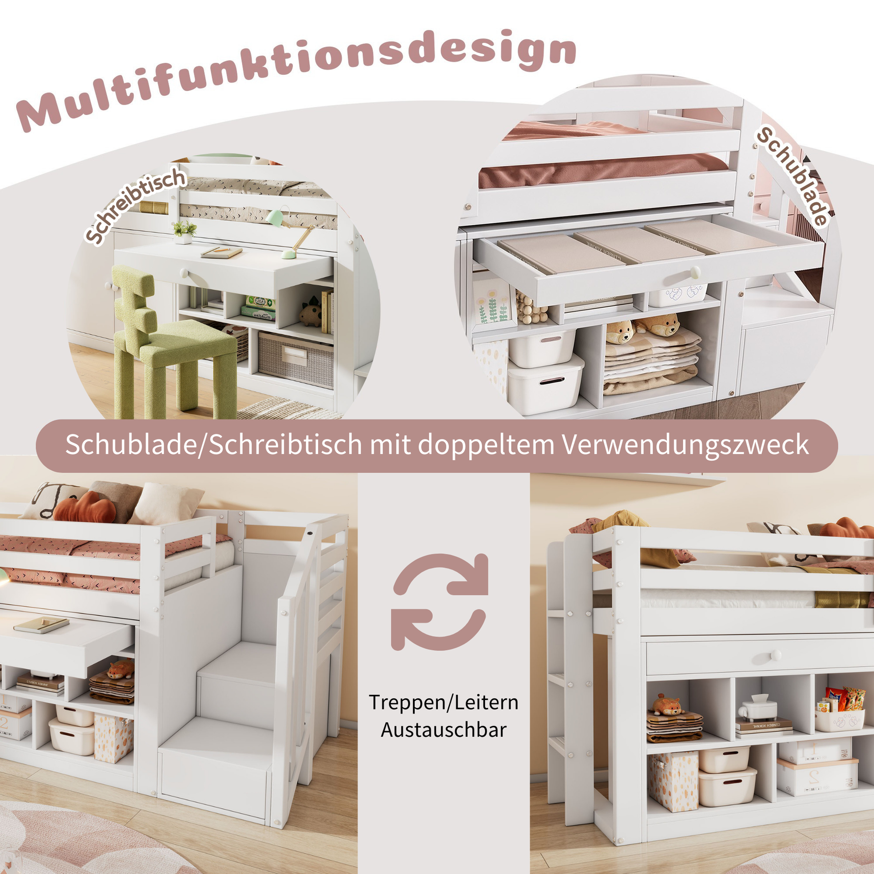 Multifunctional Children's Bed with Stairs, Storage and Convertible Desk, 90x200cm, White Wood