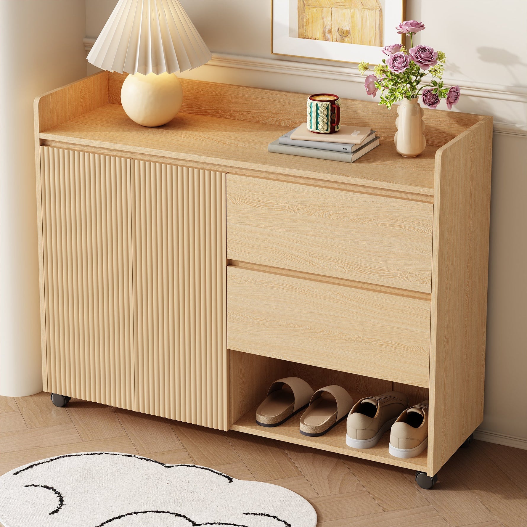 Shoe Cabinet, Movable with Adjustable Shelves, Soft-Closing Hinge, Natural MDF