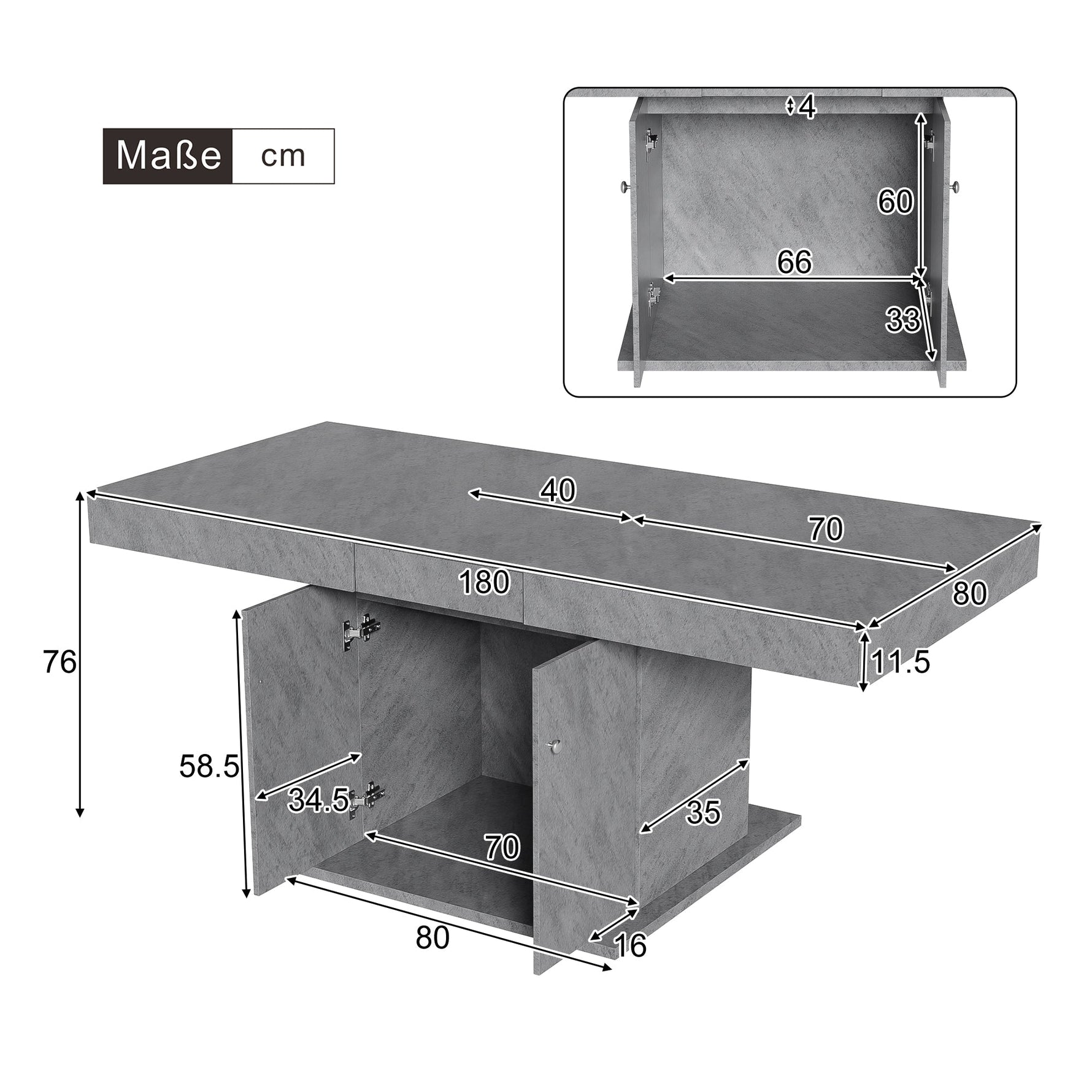 Extendable Dining Table Automatic Telescopic Storage 140/180x80cm - Concrete Look