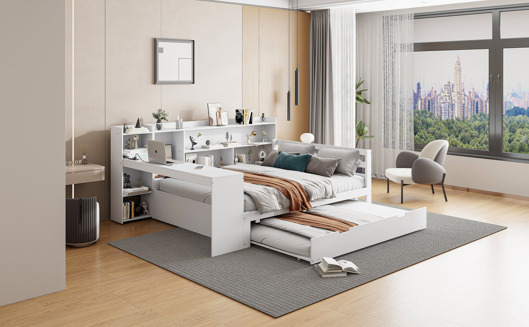 Sofa Bed, Multifunctional Double with Desk, Bookshelves, Storage, Power Outlets, Pull-Out Bed, Solid Wood