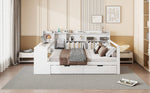 Solid Wood Sofa Bed, 140x200 cm, with Desk, Bookshelf, Storage, Power Outlet, White