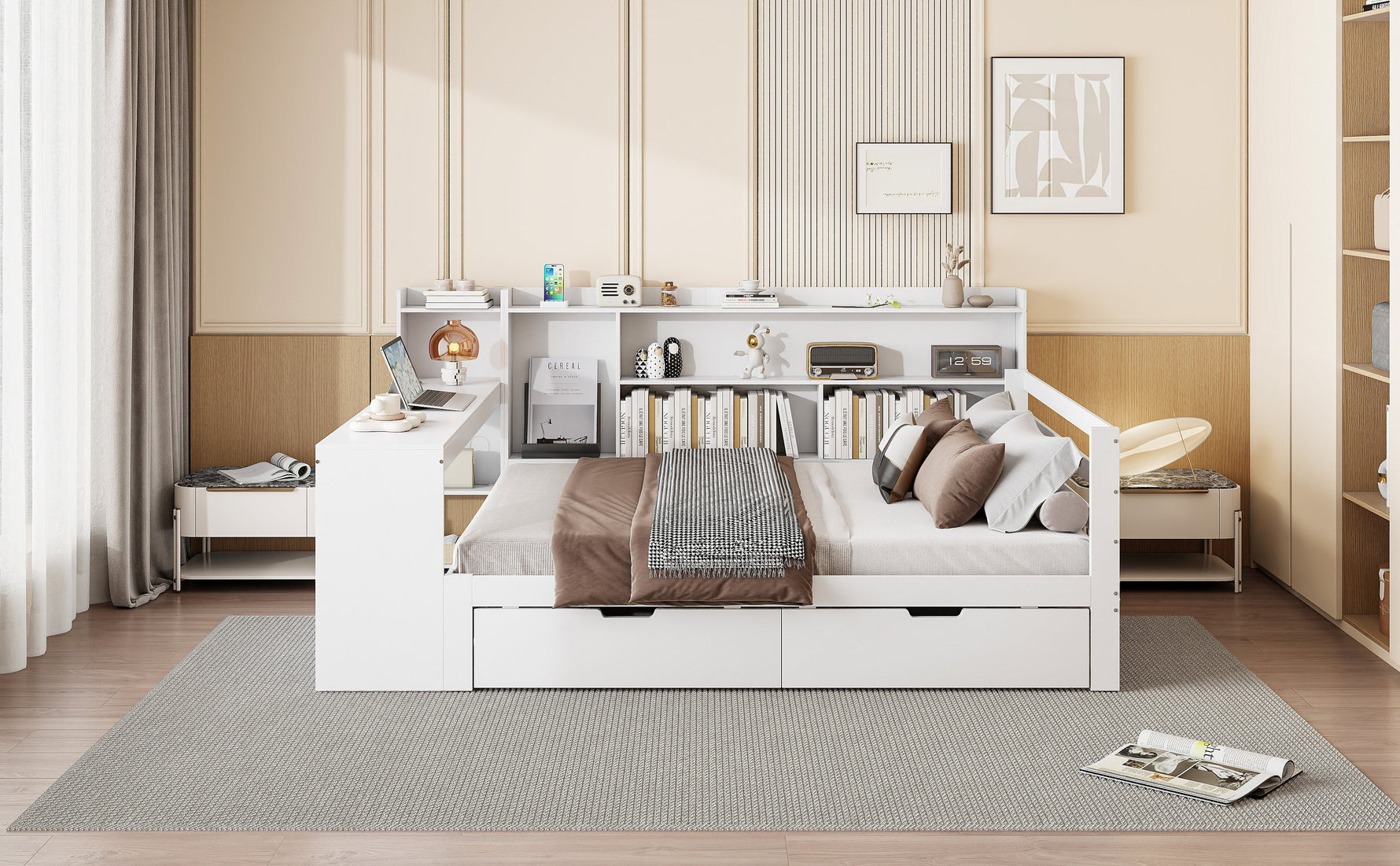 Solid Wood Sofa Bed, 140x200 cm, with Desk, Bookshelf, Storage, Power Outlet, White
