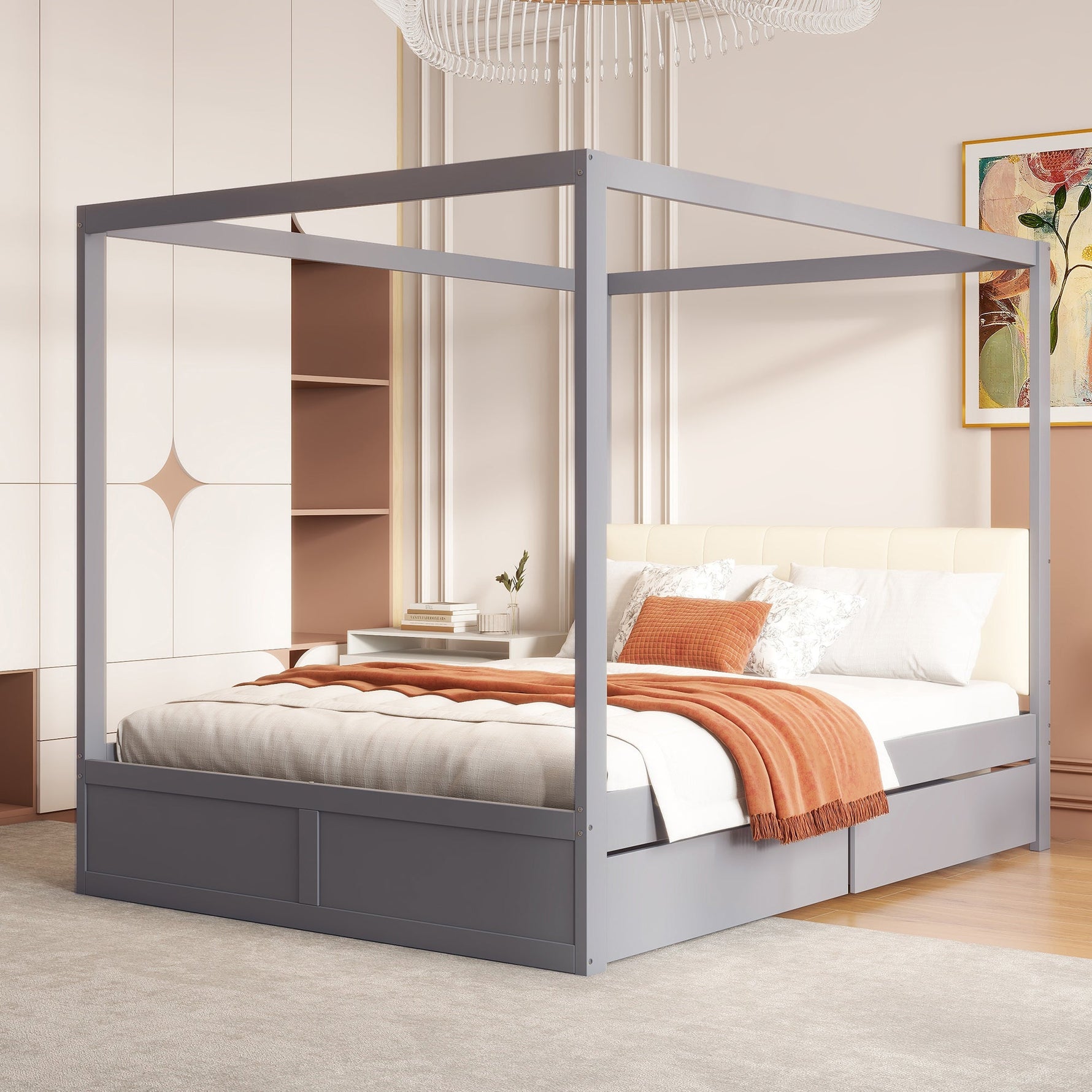Canopy Bed 140x200 cm with Large Drawers & Soft Headboard, Wooden Grey