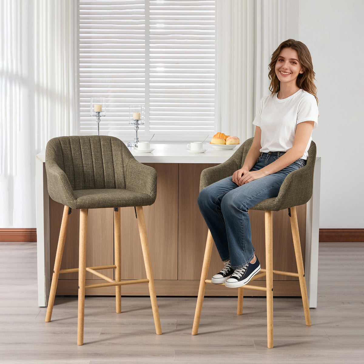 Modern European Bar Stools with High Backrest and Armrests, Set of 2, Beige Linen
