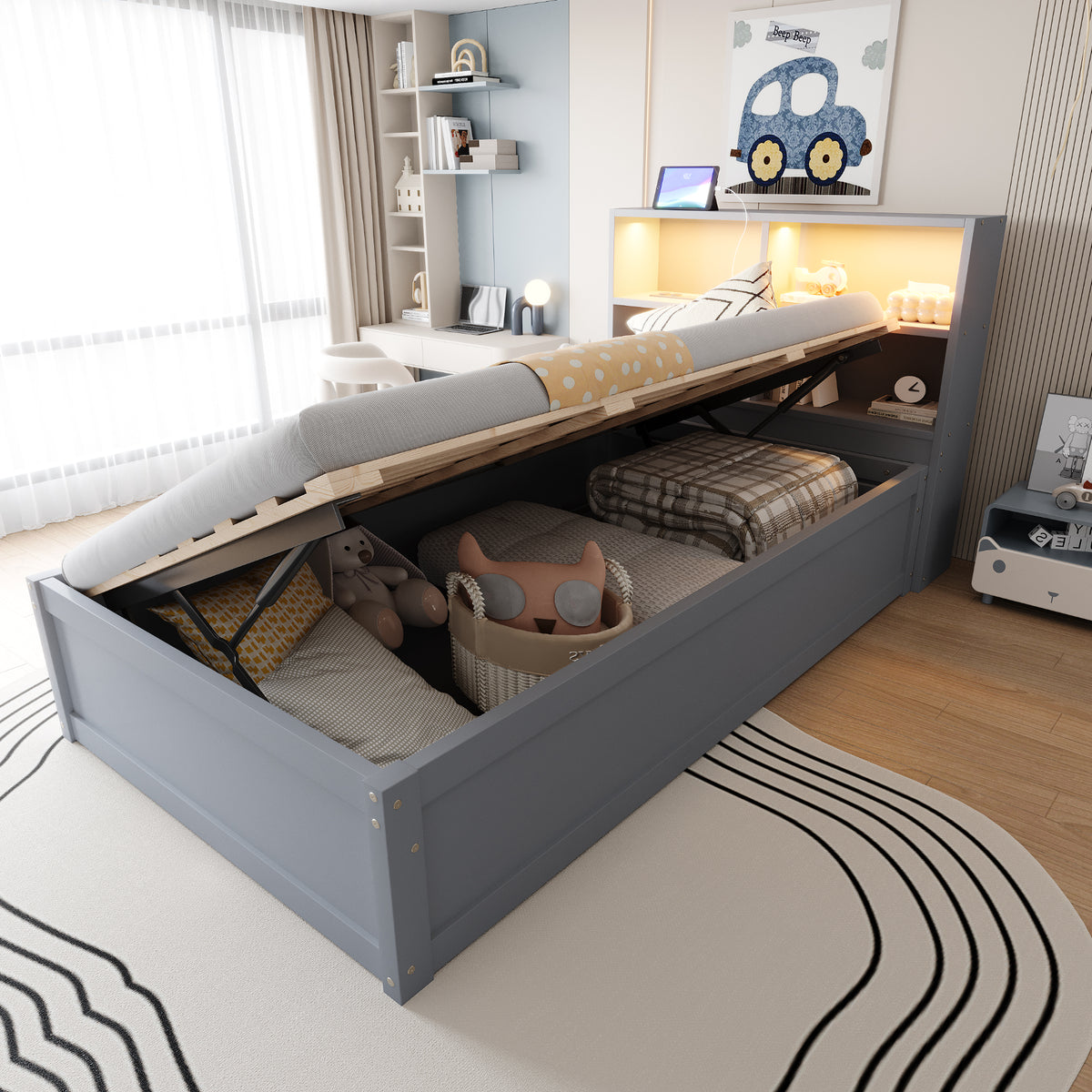 Multifunctional Hydraulic Sofa Bed 90x200 with Storage & LED, Grey