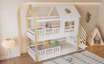 Bunk Bed, Storage Ladder House Bed with Safety Gate, Window & Roof, Pine+MDF White+Natural, 90x200cm