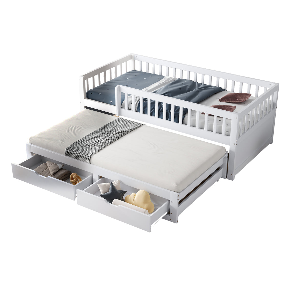 Solid Wood Sofa Bed 90x200cm with Pull-Out Bed & 2 Drawers, White