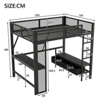 Metal Play Loft Bed with USB, LED, Desk and Wardrobe, 140x200cm, Black Metal