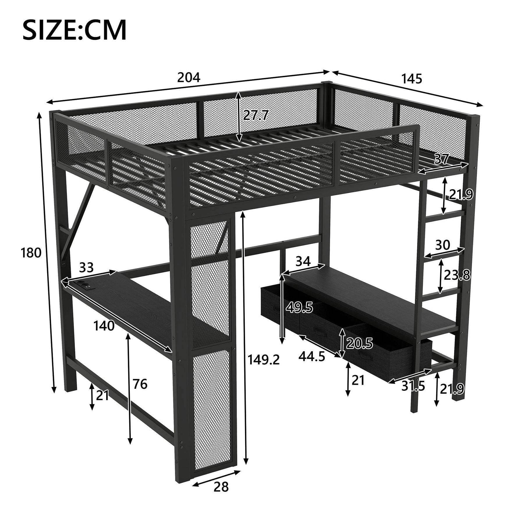 Metal Play Loft Bed with USB, LED, Desk and Wardrobe, 140x200cm, Black Metal