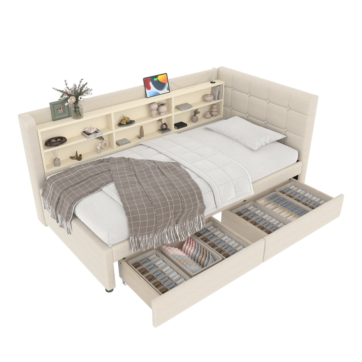 Daybed Sofa Bed 90x200cm 2 Drawers USB-Type C Storage - Linen Beige