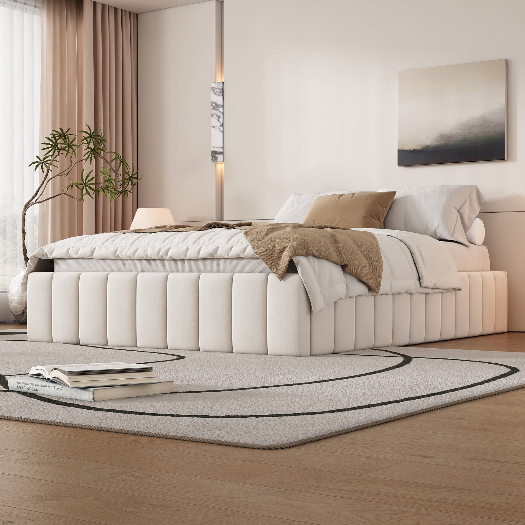 Upholstered Bed 140x200cm with Slatted Base and 4 Storage Drawers, Beige Velvet
