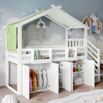Bunk Bed, Safety Gate, Wardrobe, Lockers, Stairs, 90x200cm, White & Green Pine+MDF+Plywood