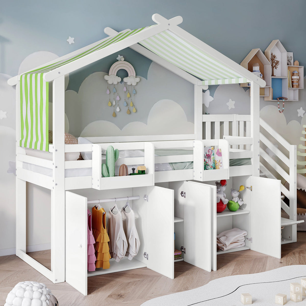 Bunk Bed, Safety Gate, Wardrobe, Lockers, Stairs, 90x200cm, White & Green Pine+MDF+Plywood