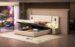 Upholstered Bed, 180*200cm, Extra-Long Backrest, Reading Lamp, USB Port, Hydraulic Storage, Beige Velvet