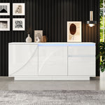 Side Cabinet, 140x40x60cm 3 Cabinets 1 Drawer Adjustable Shelves LED High-Gloss, MDF White