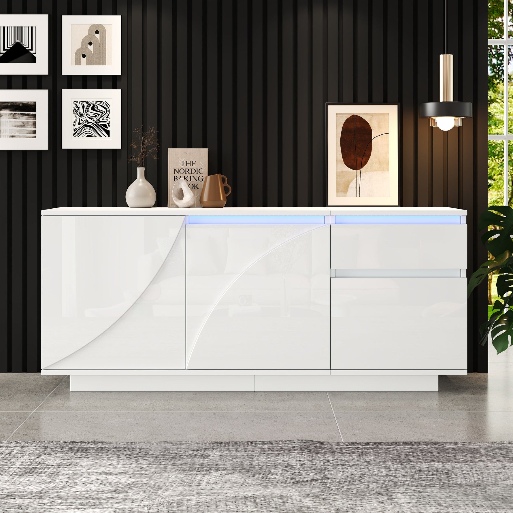 Side Cabinet, 140x40x60cm 3 Cabinets 1 Drawer Adjustable Shelves LED High-Gloss, MDF White