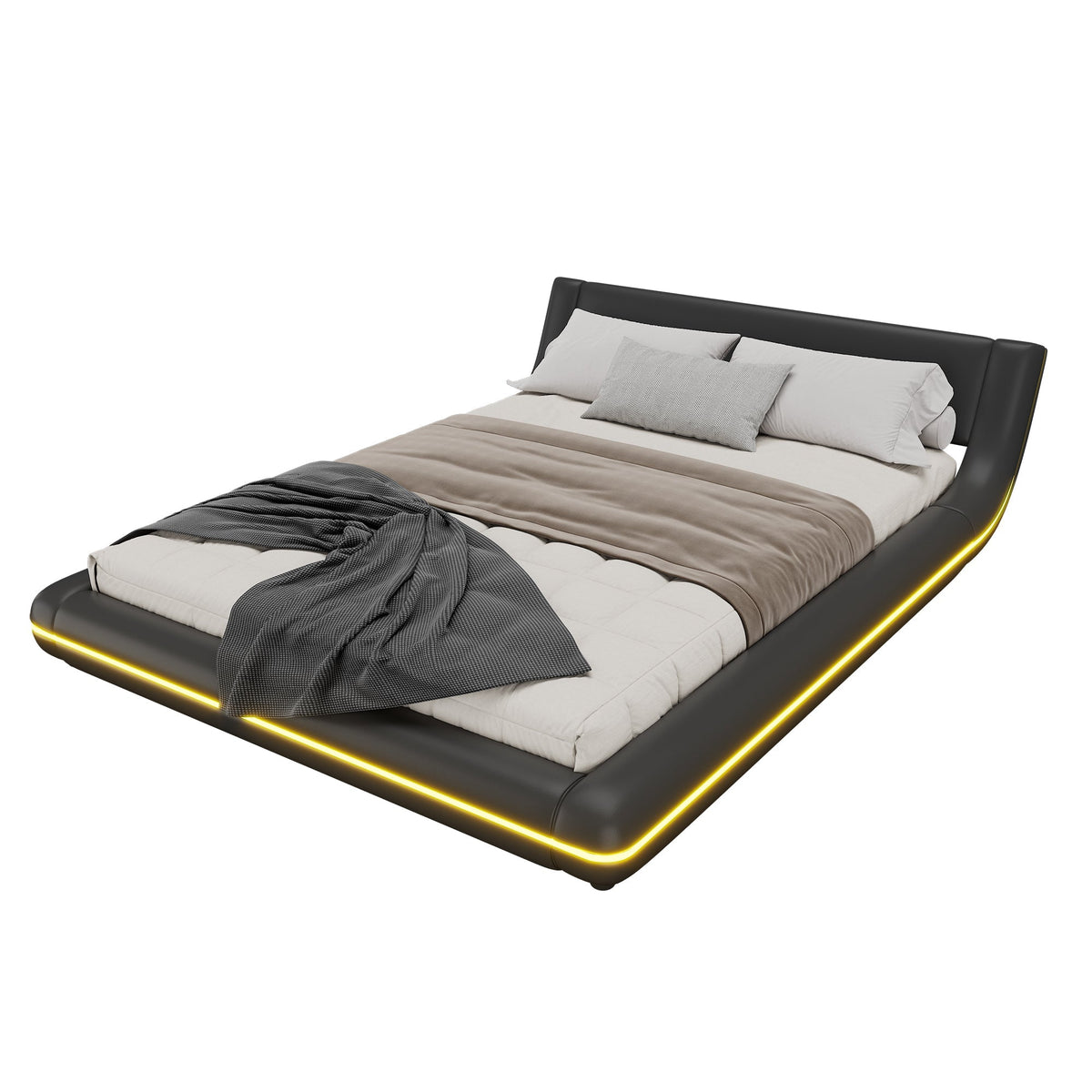 Floor Bed 140x200cm LED Ambient Light - PU Black