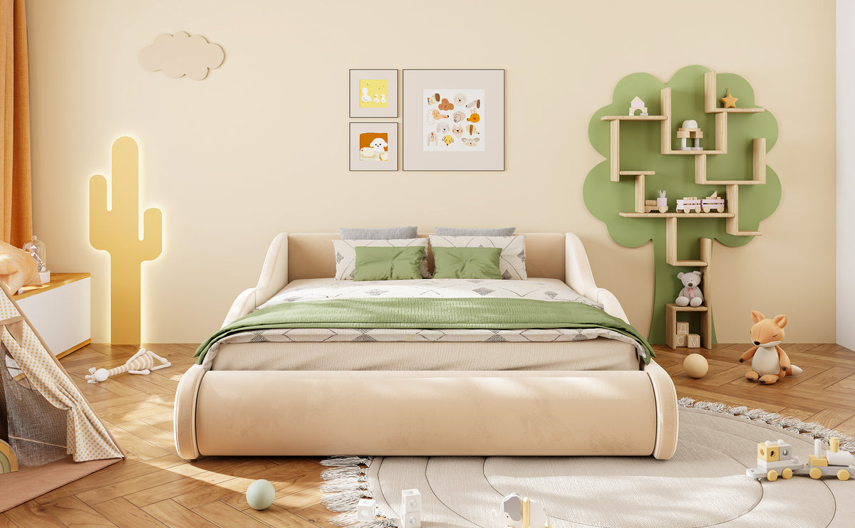 Upholstered Kids Bed 140x200 with Mattress & Rails in Beige Velvet