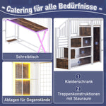 Loft Bed 140x200cm with Desk, Wardrobe & LED Lights, White